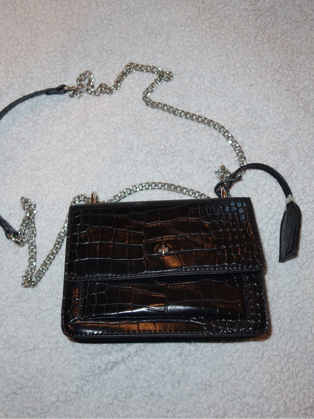 Princess Polly Black Croc-Embossed Chain Crossbody Bag